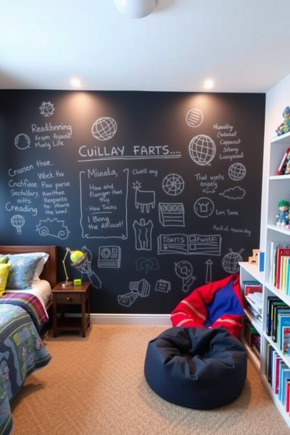 A boys bedroom featuring an interactive chalkboard wall that encourages creativity and play. The room includes a comfortable bed with colorful bedding, a cozy reading nook with bean bags, and shelves filled with books and toys.