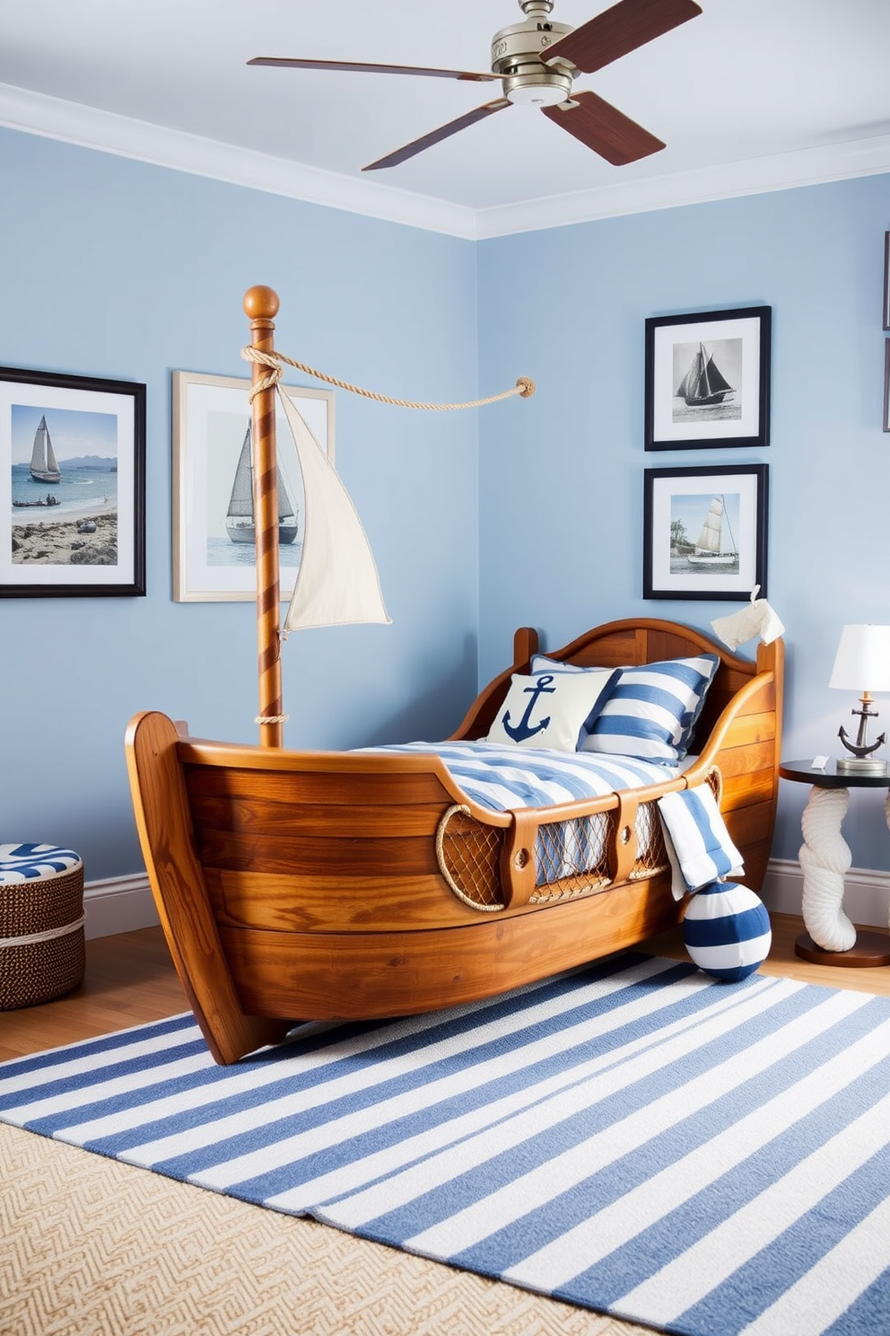 A boys bedroom featuring nautical decor inspired by ships and ocean elements. The walls are painted in a soft blue hue, adorned with framed prints of sailboats and marine life. A wooden bed frame shaped like a ship with ropes and netting details adds a playful touch. Accessories include a striped rug, anchor-themed pillows, and a bedside lamp resembling a lighthouse.