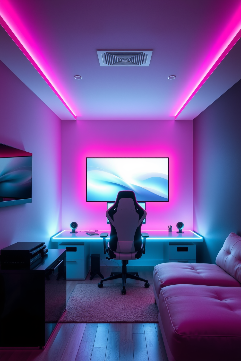 A modern minimalist gaming setup featuring sleek furniture and vibrant neon lights. The room includes a large flat-screen monitor mounted on the wall, a streamlined desk with a high-tech gaming chair, and LED strips illuminating the space.