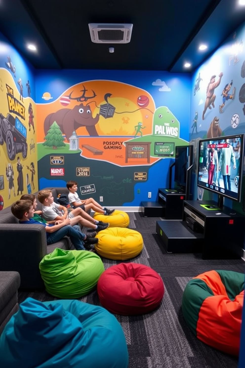 A vibrant boys game room features personalized gaming trophies displayed prominently on shelves. The walls are adorned with colorful posters of popular video games, creating an energetic atmosphere.