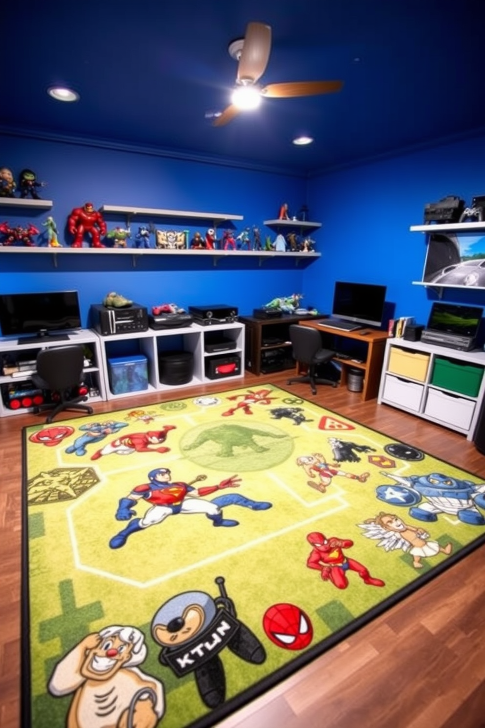 A vibrant boys game room featuring a large gaming rug adorned with favorite game characters. The walls are painted in a bold blue hue, complemented by shelves filled with gaming consoles and colorful action figures.