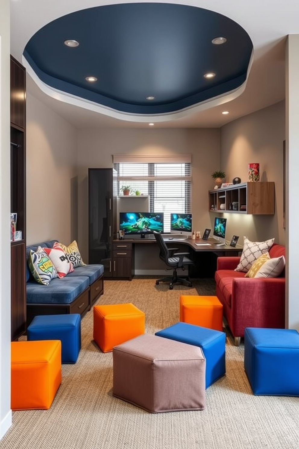 A boys game room featuring multifunctional furniture that maximizes space and functionality. The room includes a sleek gaming desk that doubles as a study area, with comfortable seating that can be easily rearranged for gaming sessions. In one corner, a modular sofa provides ample seating and can be transformed into a bed for sleepovers. Brightly colored storage ottomans are scattered throughout the room, offering both seating and hidden storage for games and toys.