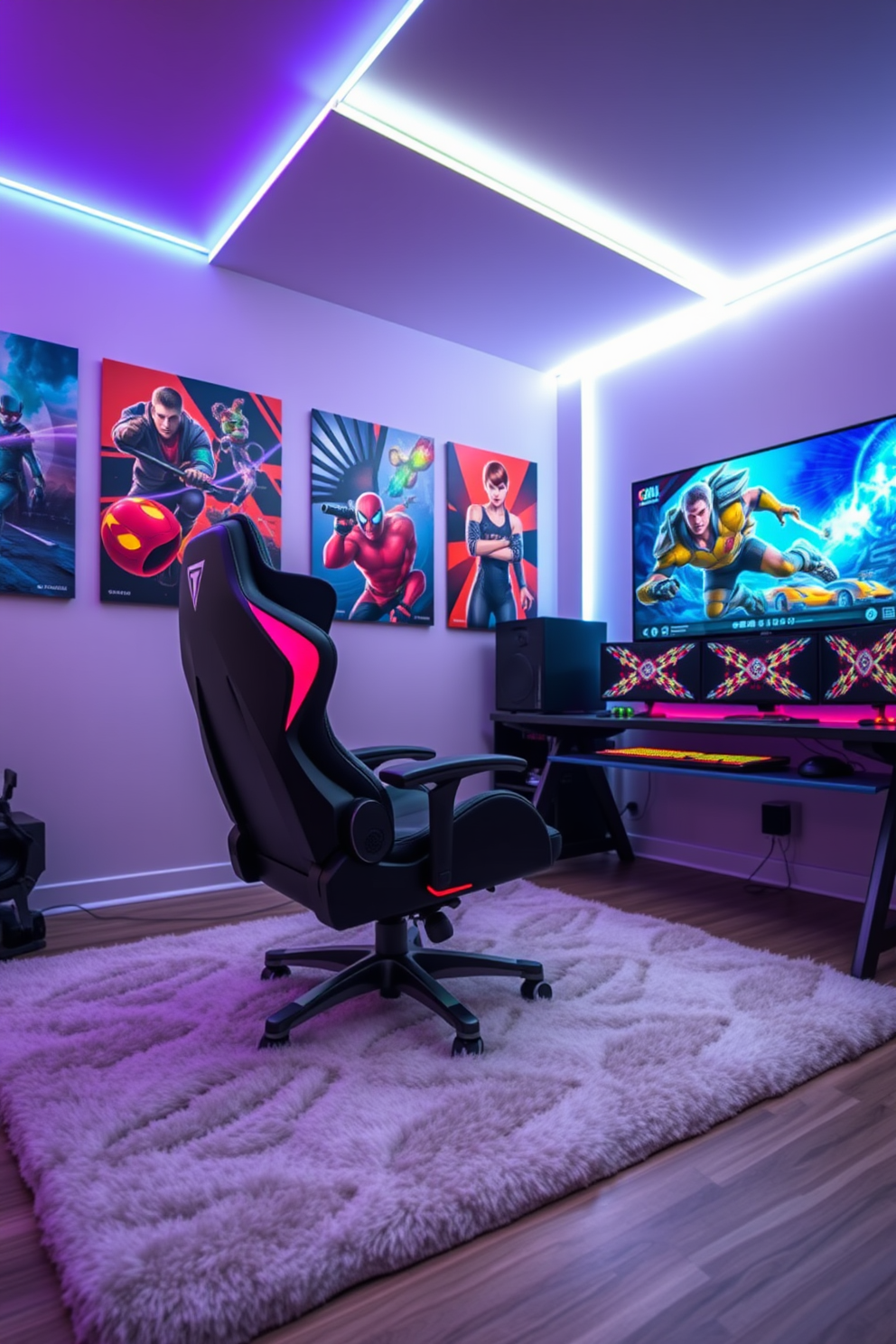 A modern gaming room designed for boys features a sleek gaming chair equipped with built-in speakers for an immersive experience. The walls are adorned with vibrant posters of popular video games, and LED strip lights create a dynamic atmosphere. The floor is covered with a plush area rug for comfort, and a large flat-screen TV is mounted on the wall opposite the chair. A stylish gaming desk holds multiple monitors and colorful gaming accessories, enhancing the overall aesthetic of the room.