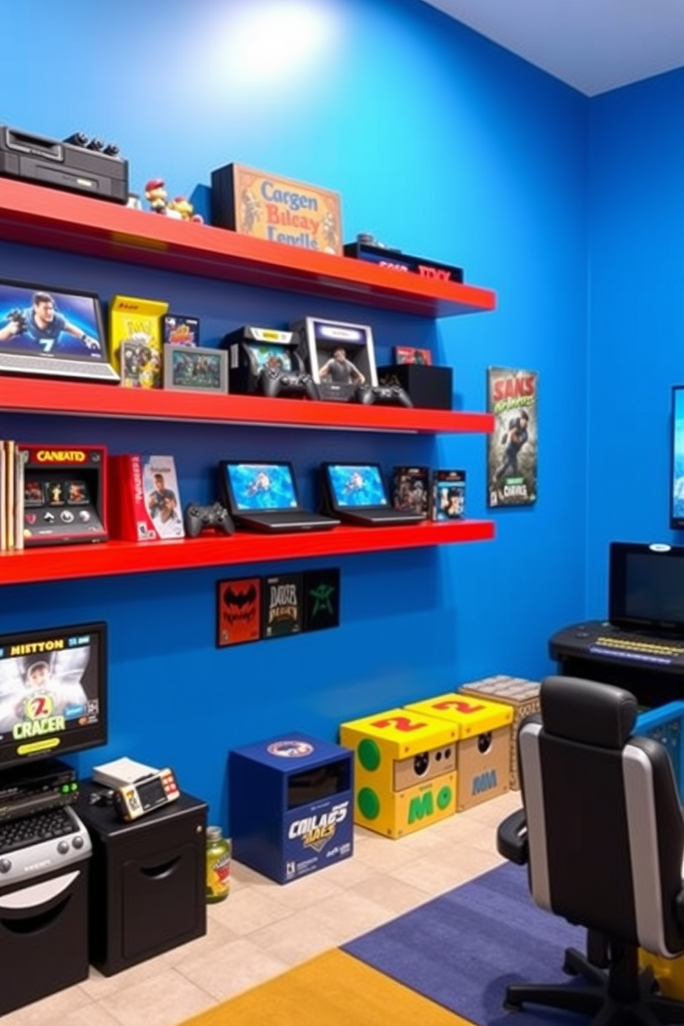 A vibrant game room designed for boys features floating shelves that showcase an impressive collection of video games and collectibles. The walls are painted in a bold blue hue, creating an energetic atmosphere that enhances the fun and excitement of the space.