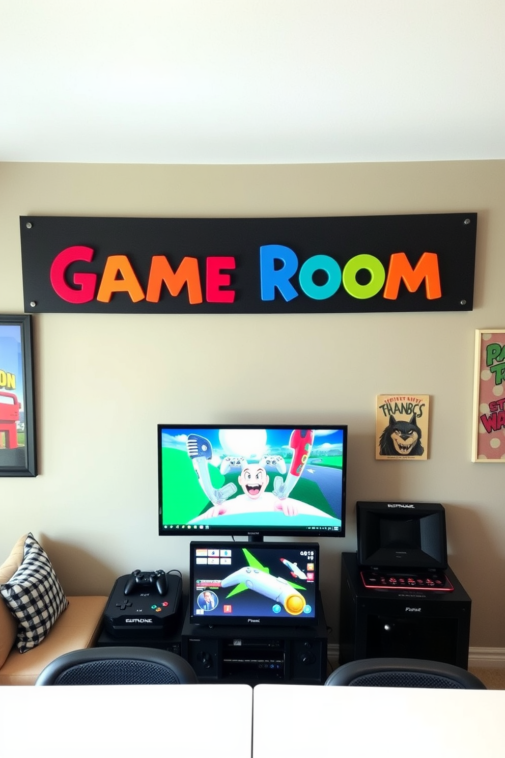 Customized name sign for a boys game room. The sign features bold colors and playful typography, hanging above a gaming console area with comfortable seating and vibrant wall art.