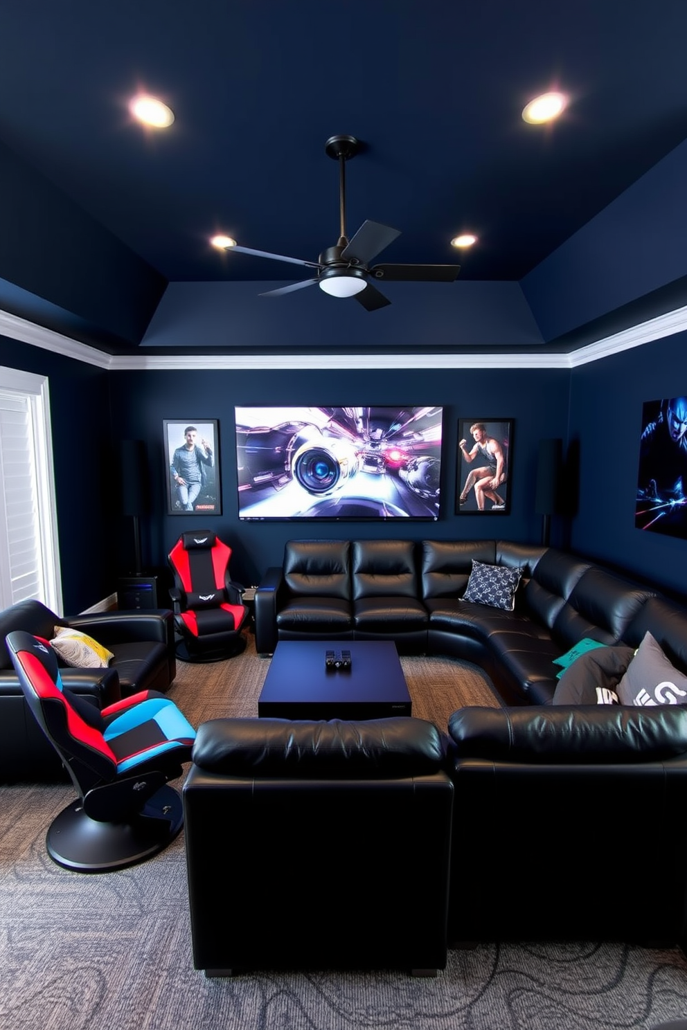 A boys game room designed with a dark color palette creates a dramatic and immersive atmosphere. The walls are painted in deep navy blue, complemented by black furniture and accents for a bold look. The room features a large sectional sofa in black leather, providing ample seating for friends. A sleek coffee table sits in the center, surrounded by colorful gaming chairs that add a pop of color to the space.