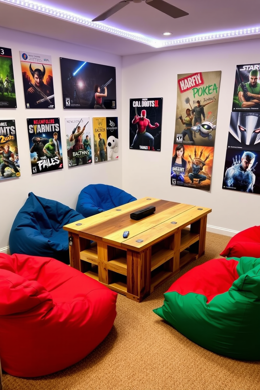 A modern boys game room featuring wall-mounted monitors for a sleek display. The room is filled with comfortable seating options and vibrant decor that reflects a youthful energy.