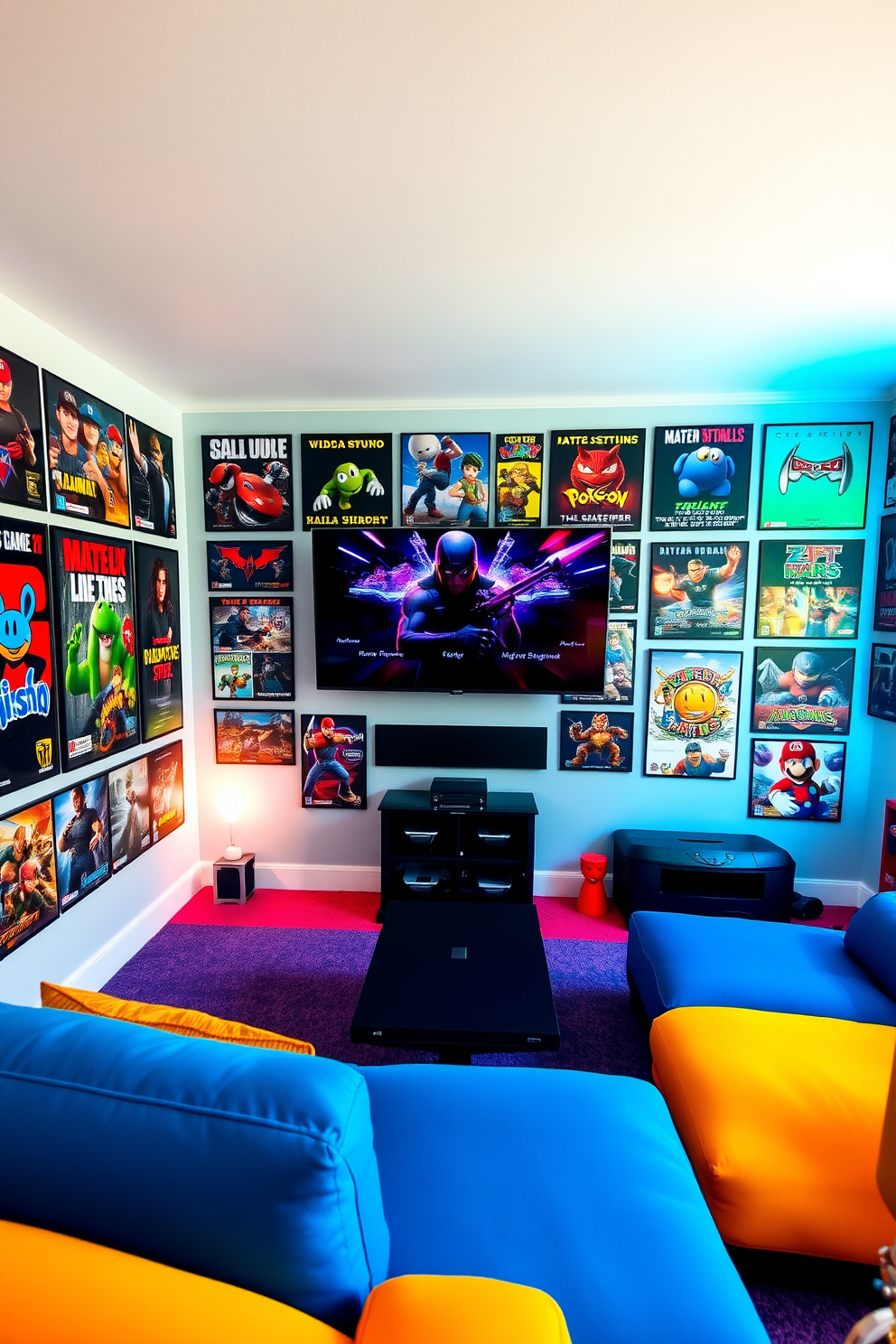 A vibrant game room designed for boys features walls adorned with framed gaming posters that showcase popular video game characters and scenes. The room includes a comfortable gaming chair, a large screen for gaming, and shelves filled with game consoles and collectibles.