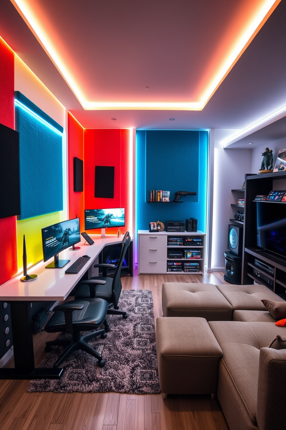 A dedicated streaming corner featuring a sleek desk with dual monitors and an ergonomic chair. The walls are adorned with soundproof panels in vibrant colors, and LED strip lights illuminate the space for an energetic atmosphere. A boys game room designed with a large gaming console and a comfortable sectional sofa. The floor is covered in a plush area rug, and shelves are filled with video games and collectibles, creating an inviting and fun environment.