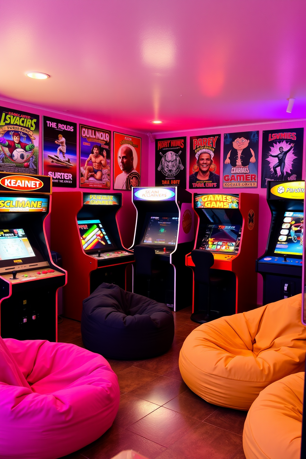 A retro arcade game corner filled with classic arcade machines and vibrant neon lights. The walls are adorned with vintage posters of iconic games, and a cozy seating area features bean bags and retro gaming chairs.