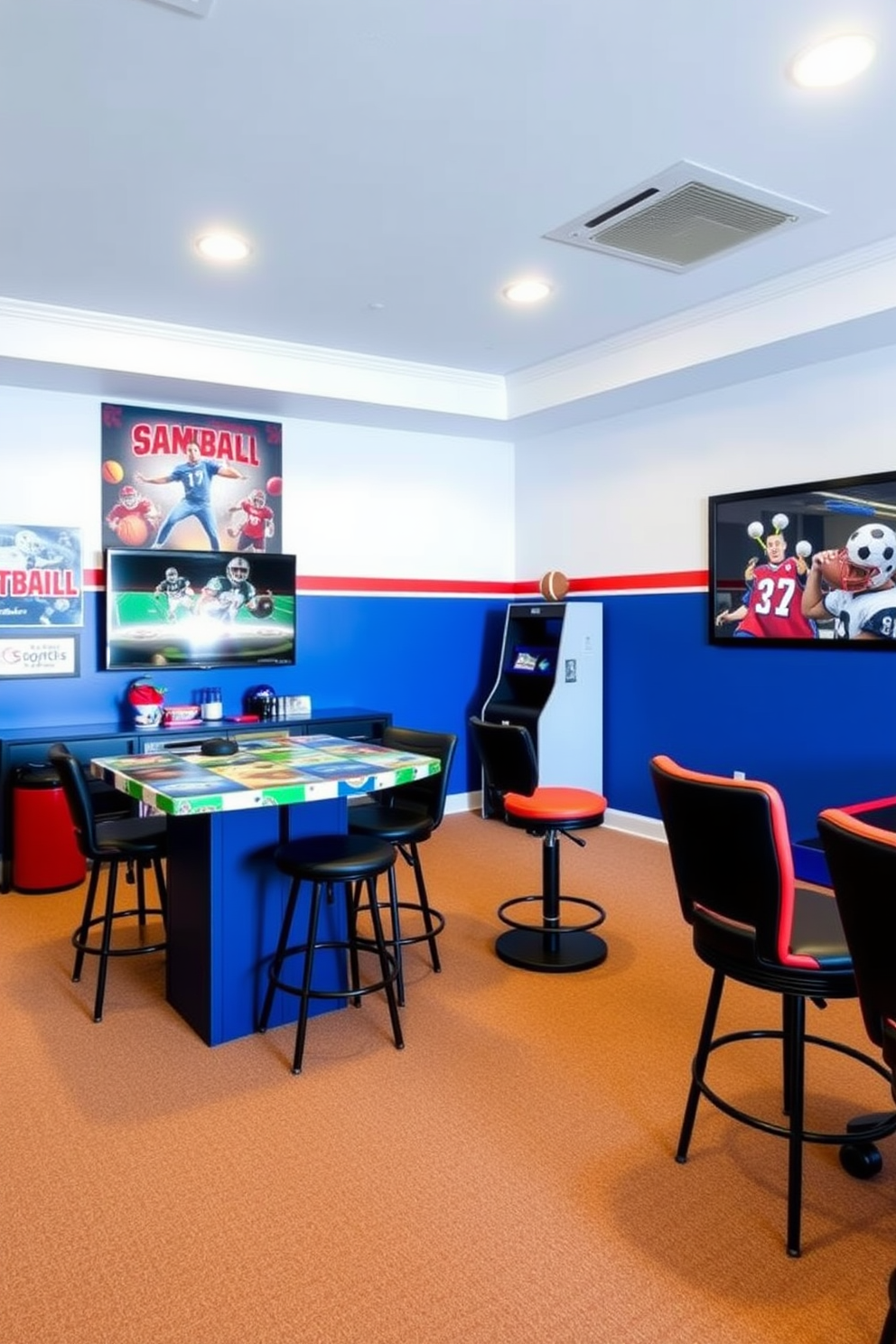 A vibrant game room designed for boys featuring a sleek snack bar with high stools and a colorful countertop. The walls are adorned with sports-themed artwork and the floor is covered with a soft, durable carpet in bold colors.