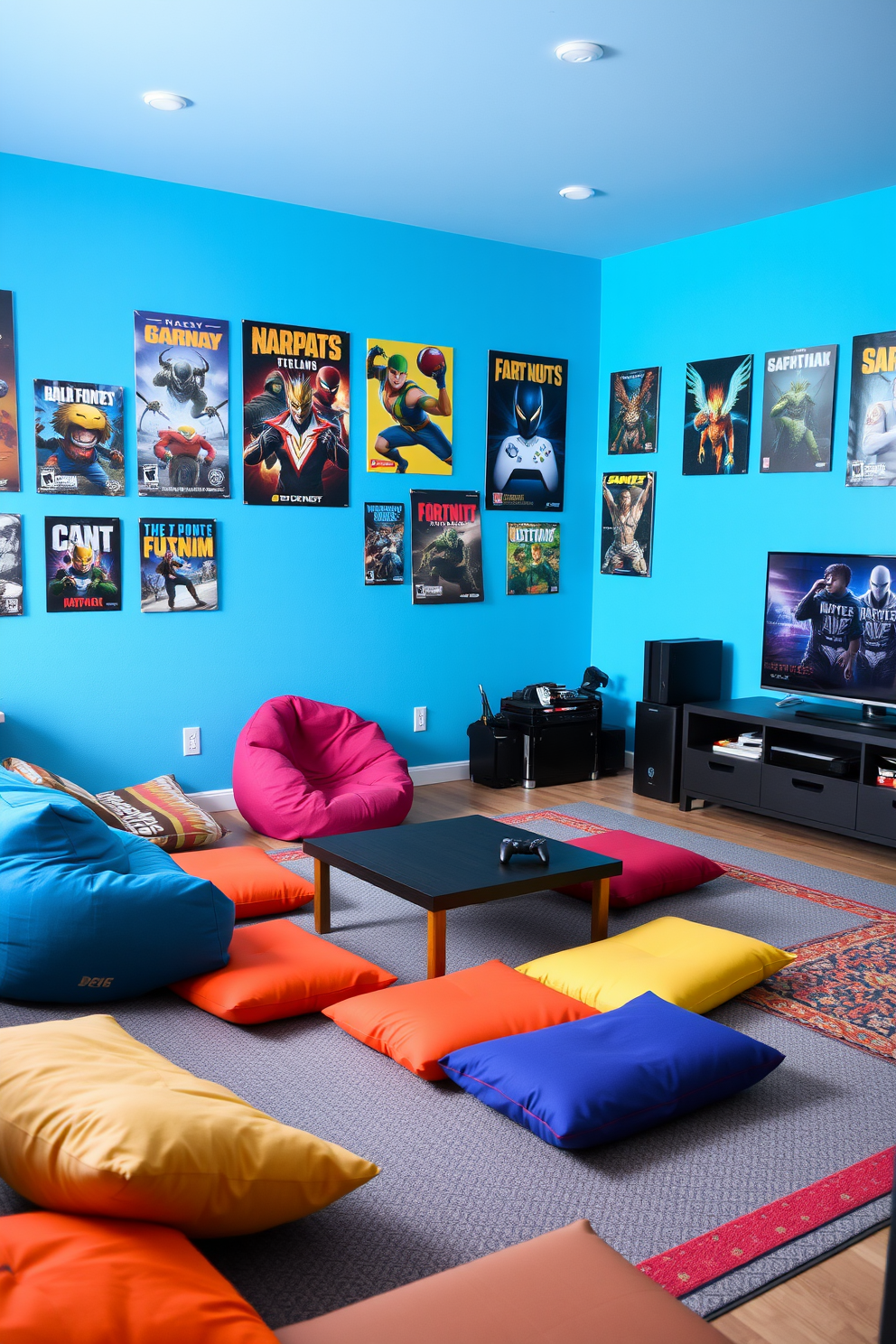 A vibrant boys game room featuring colorful floor cushions arranged for extra seating. The walls are decorated with playful murals and shelves filled with action figures and games.