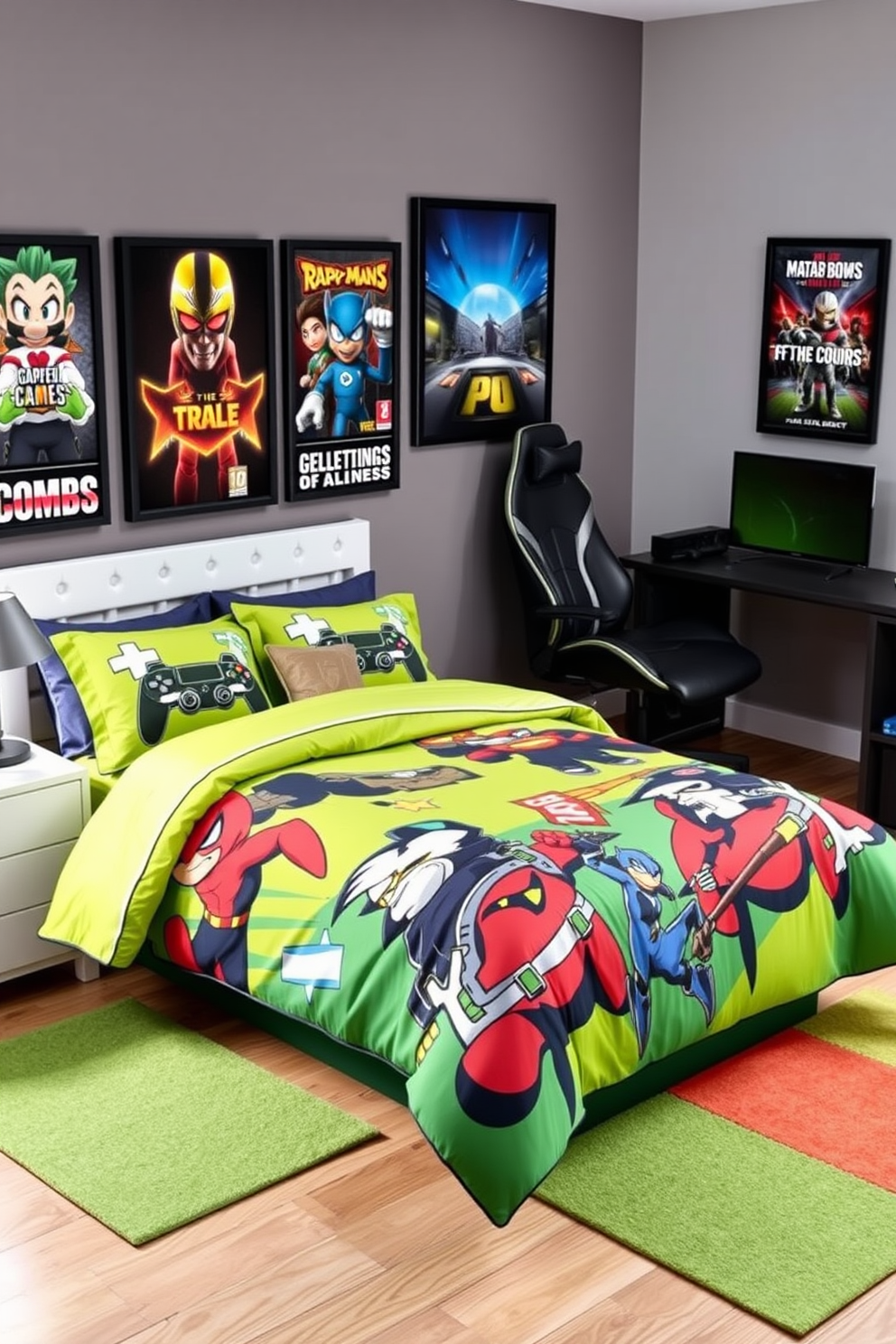 A vibrant boys game room featuring gaming-themed curtains that provide privacy while enhancing the playful atmosphere. The curtains display colorful graphics of popular video game characters and icons, complementing the room's energetic decor.