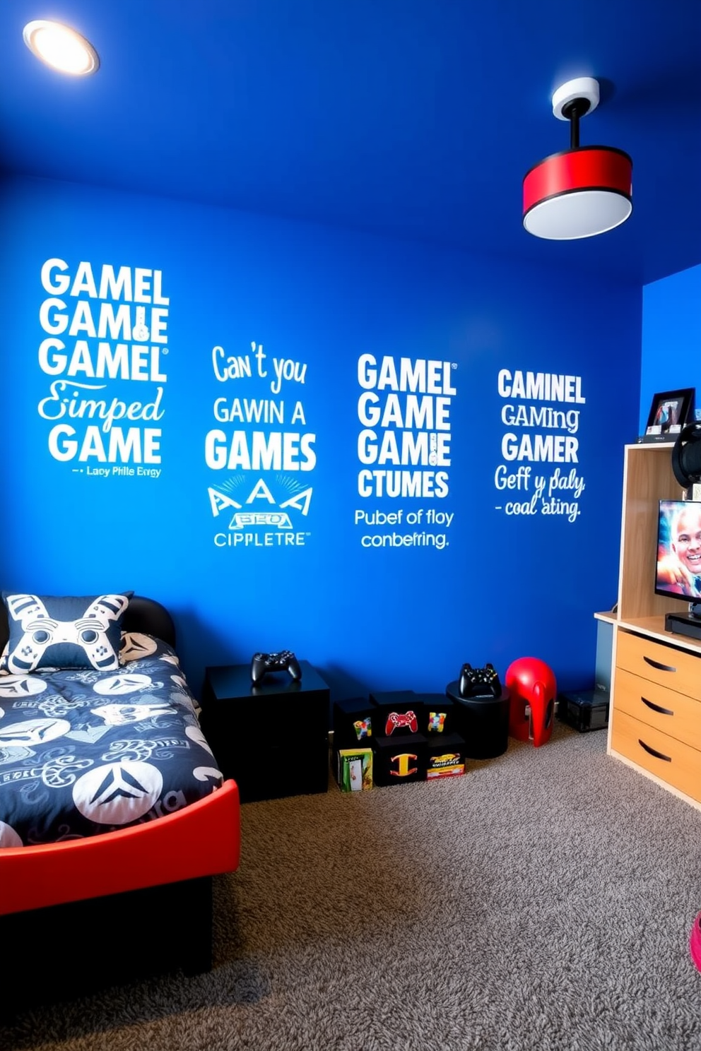 A vibrant boys game room featuring a large sectional sofa in a bold blue fabric. The walls are adorned with posters of popular video games and sports teams, creating an energetic atmosphere. Incorporated charging stations for devices are seamlessly integrated into the furniture, ensuring easy access for gaming consoles and mobile devices. A sleek coffee table with built-in USB ports sits at the center, surrounded by colorful bean bag chairs for additional seating.