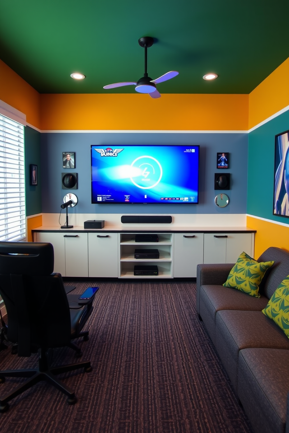 A modern boys game room featuring integrated charging stations for devices. The room is designed with a sleek gaming console area, comfortable seating, and vibrant wall colors that enhance the energetic atmosphere.