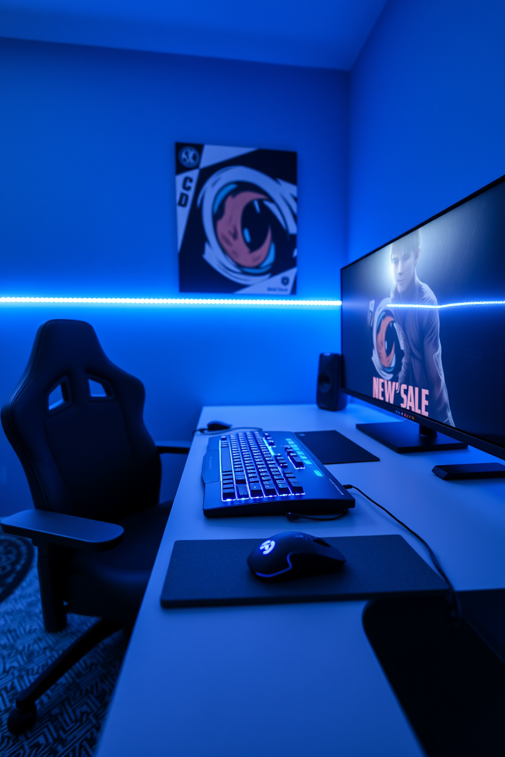 A dynamic boys game room featuring a sleek light-up gaming keyboard and a matching mouse on a modern desk. The walls are painted in a bold blue color, and LED strip lights illuminate the space, creating an energetic atmosphere.