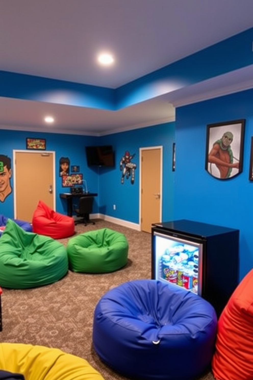 A vibrant boys game room featuring a mini fridge stocked with snacks and drinks. The room is filled with comfortable bean bags and a large gaming console setup against a feature wall decorated with posters of popular video games.