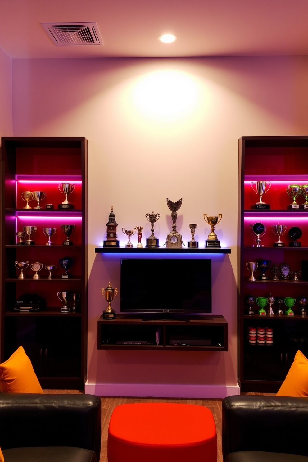 A dynamic gaming trophies display area featuring a sleek wall-mounted shelf showcasing an array of personalized trophies. The room is designed with bold colors and comfortable seating, creating an inviting atmosphere for gaming and relaxation.