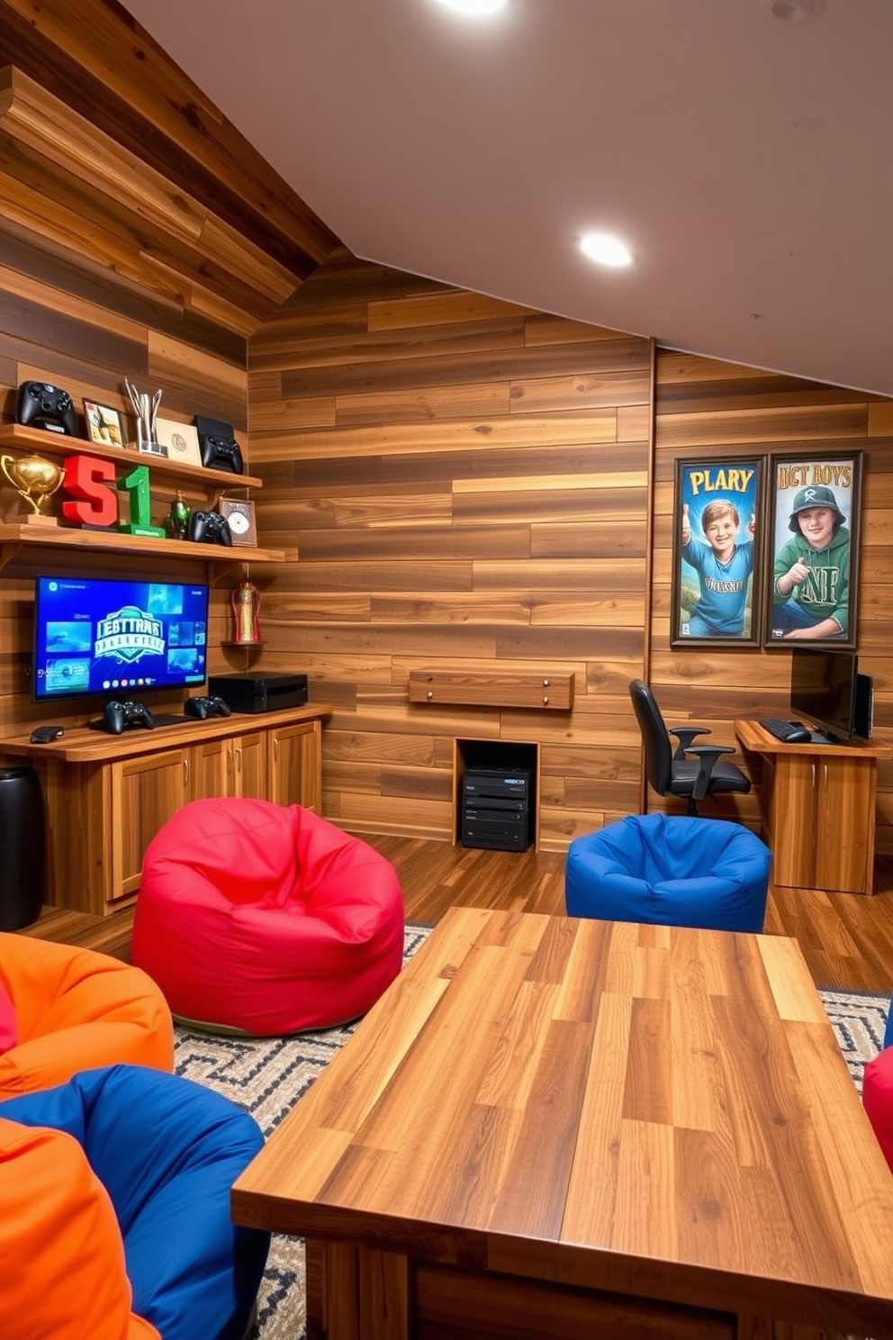 Creative use of reclaimed wood accents creates a warm and inviting atmosphere in a boys game room. The walls are adorned with wooden panels, and a custom-built wooden gaming station houses the latest consoles and accessories. A large reclaimed wood coffee table sits at the center, surrounded by comfortable bean bag chairs in vibrant colors. Shelves made from reclaimed wood display trophies and collectibles, adding a personal touch to the space.