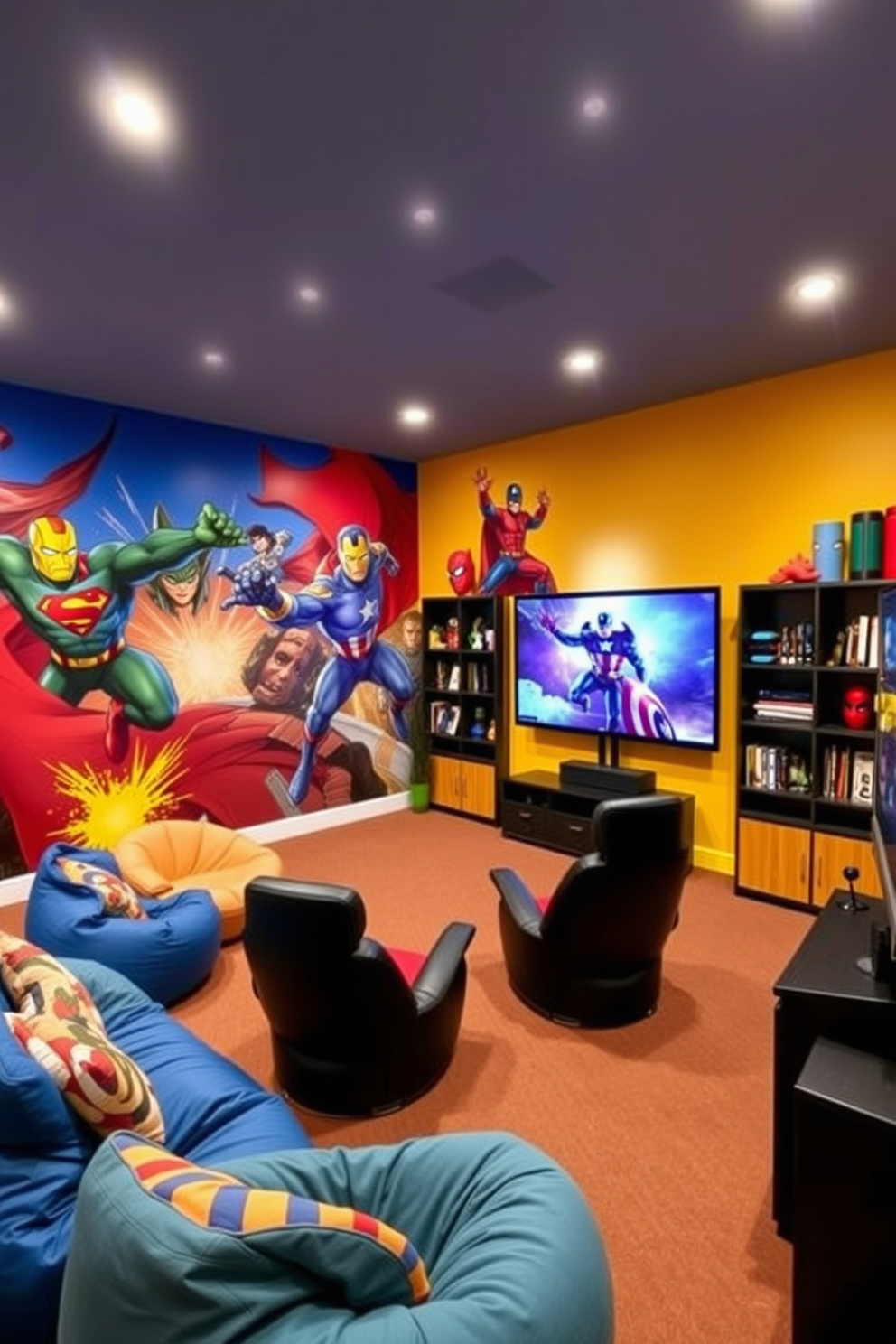 A cozy bean bag seating area designed for a boys game room features vibrant colored bean bags scattered around a low, round table. The walls are adorned with posters of popular video games, and a plush rug lies beneath the seating to add warmth and comfort.