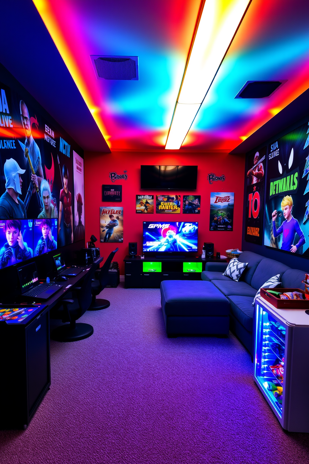 A vibrant boys game room filled with dynamic color-changing lights that create an exciting atmosphere. The walls are adorned with bold graphics and posters of popular video games, while a large sectional sofa invites friends to gather and play. The room features a sleek gaming console setup with multiple screens displaying games in action. A dedicated area for board games and a mini-fridge stocked with snacks complete the fun and energetic vibe.