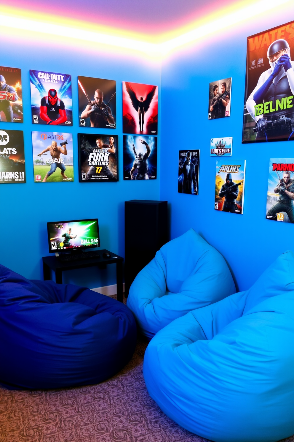 Cozy bean bag seating is arranged in a corner of the room, providing a comfortable spot for relaxed gaming sessions. The walls are painted in a vibrant blue, adorned with posters of popular video games and artwork that reflects the gaming culture.