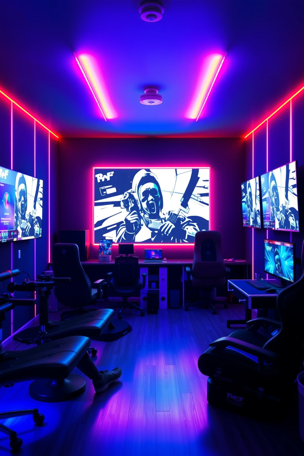 A vibrant boys game room filled with energy and excitement. Colorful LED strip lights illuminate the walls, creating a dynamic atmosphere perfect for gaming and relaxation.