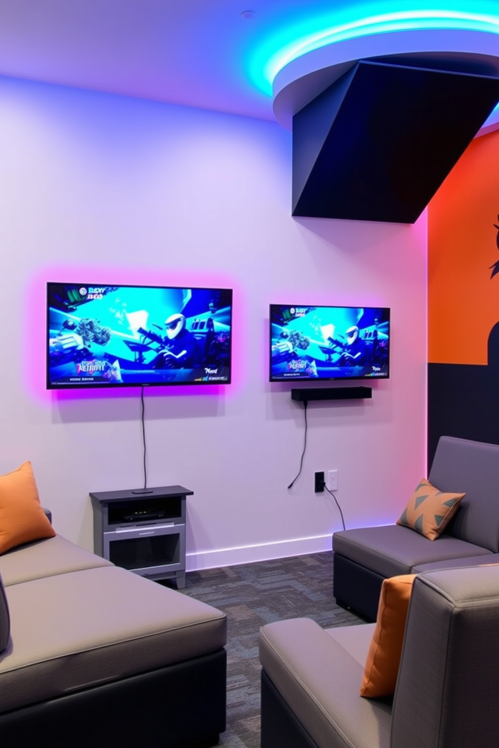 A modern boys game room featuring wall-mounted gaming monitors to maximize floor space. The room is decorated with vibrant colors, comfortable seating, and LED lighting that enhances the gaming experience.