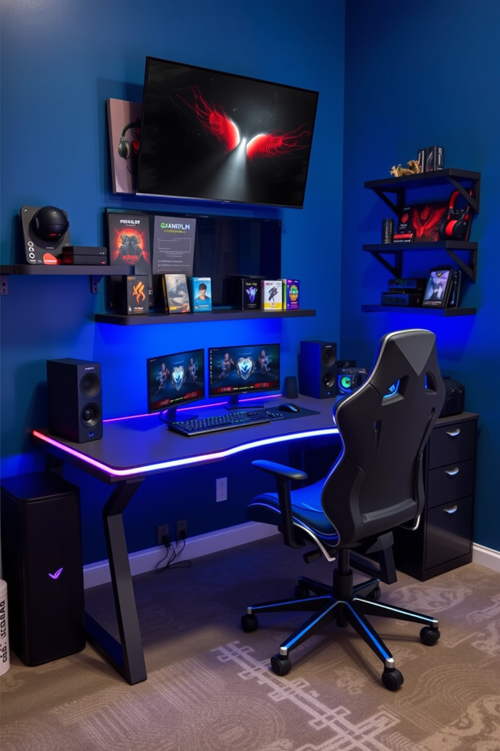 A modern gaming desk is positioned against the wall, featuring a sleek design with RGB lighting accents. An ergonomic chair with adjustable features provides comfort during long gaming sessions, complementing the high-tech aesthetic of the room. The walls are painted in a deep blue hue, creating an immersive atmosphere for gaming. Shelves filled with gaming memorabilia and a large screen mounted above the desk enhance the overall design, making it a perfect space for relaxation and play.