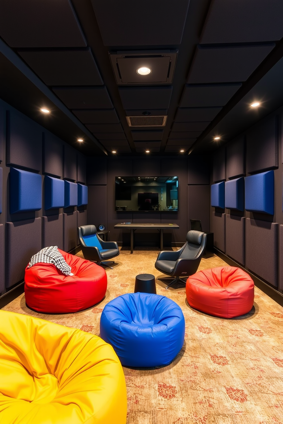 A boys game room designed for an immersive audio experience features soundproofing panels strategically placed on the walls to enhance acoustics. The room is filled with comfortable seating options, including bean bags and gaming chairs, creating a vibrant and inviting atmosphere.