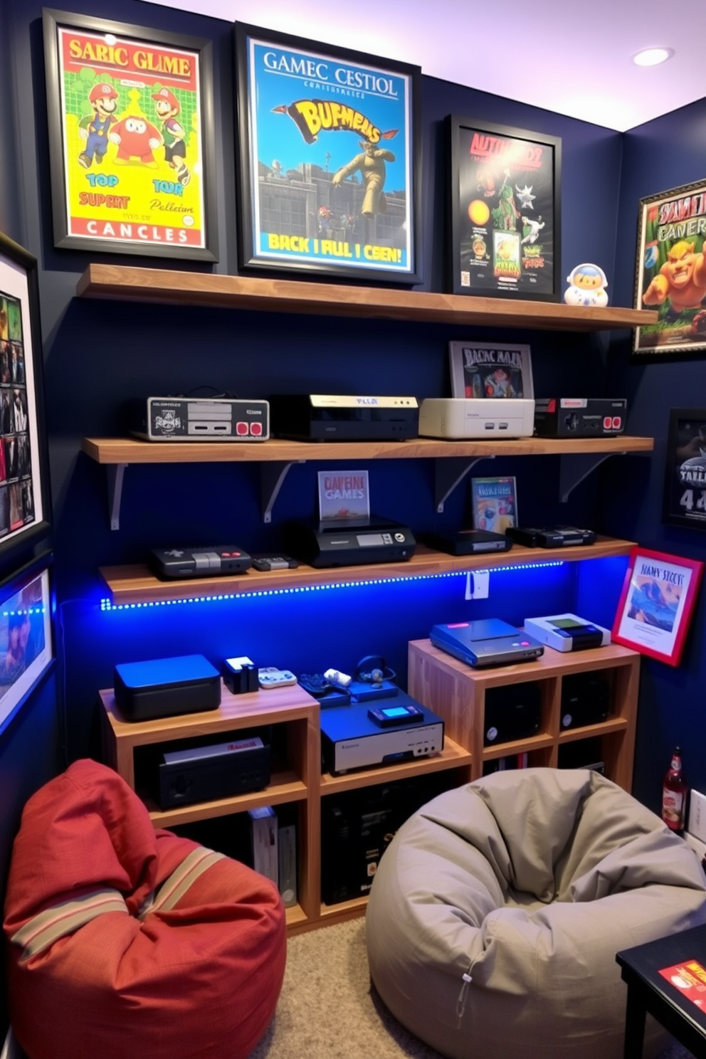 A vintage gaming console display features custom shelves made of reclaimed wood. The walls are painted in a deep navy blue, with retro game posters framed and hung throughout the room. A cozy seating area includes a bean bag chair and a small gaming table. Soft LED lighting creates an inviting atmosphere, highlighting the collection of classic game cartridges and memorabilia.