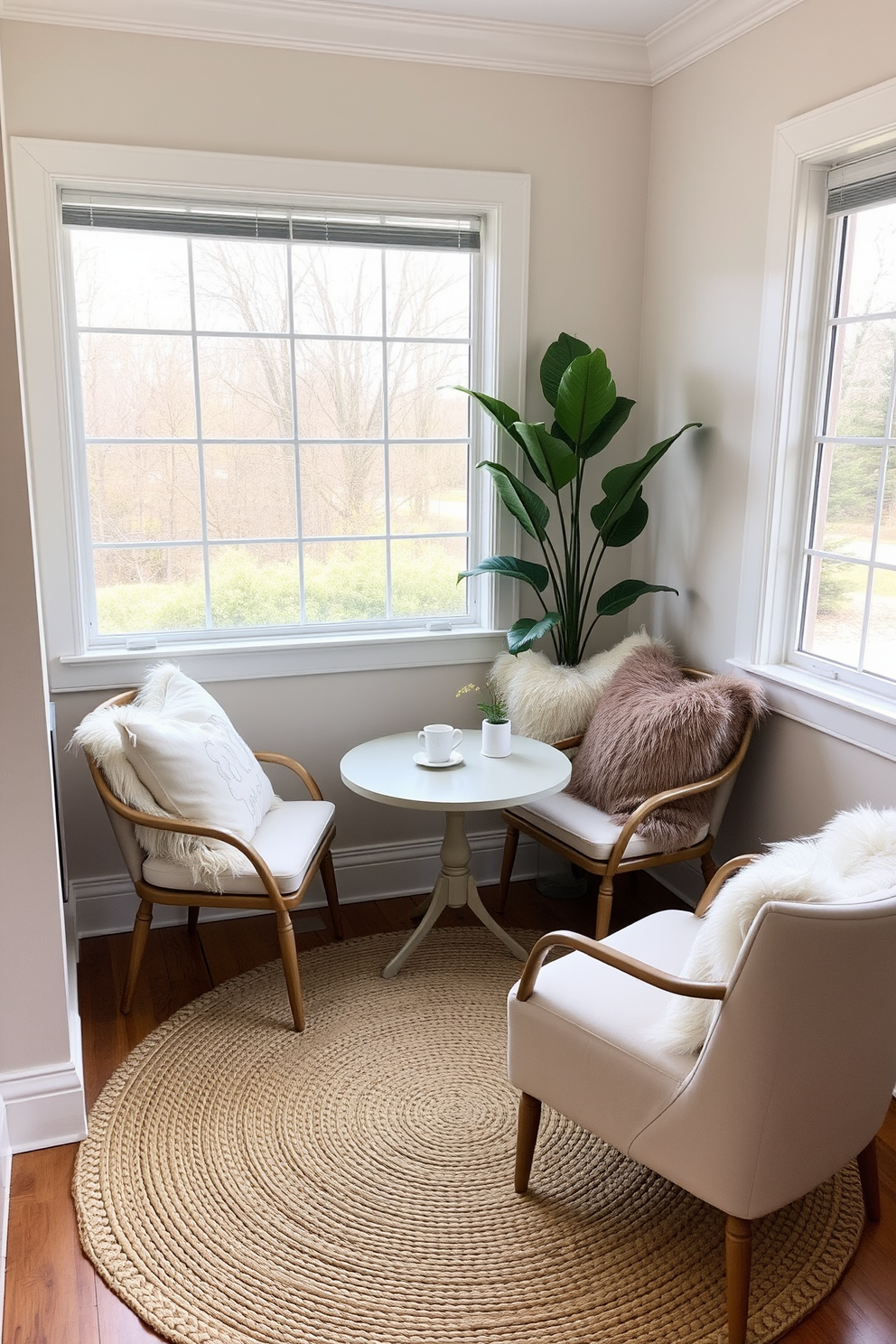 Cozy nook with plush throw pillows. A small round table is surrounded by cushioned chairs, creating an inviting space for morning coffee and conversation. The walls are painted in soft pastel tones, and a large window allows natural light to flood the area. A woven rug lies beneath the table, adding warmth and texture to the design.