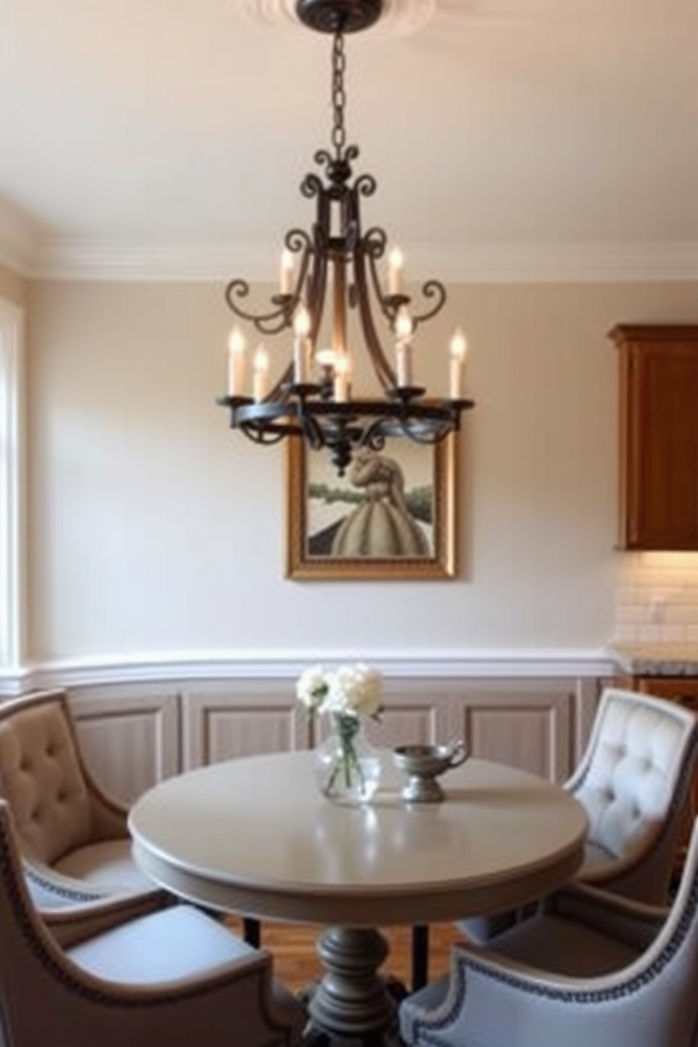 An elegant chandelier hangs gracefully above a round table in a cozy breakfast nook. The table is surrounded by plush upholstered chairs, creating a warm and inviting atmosphere.