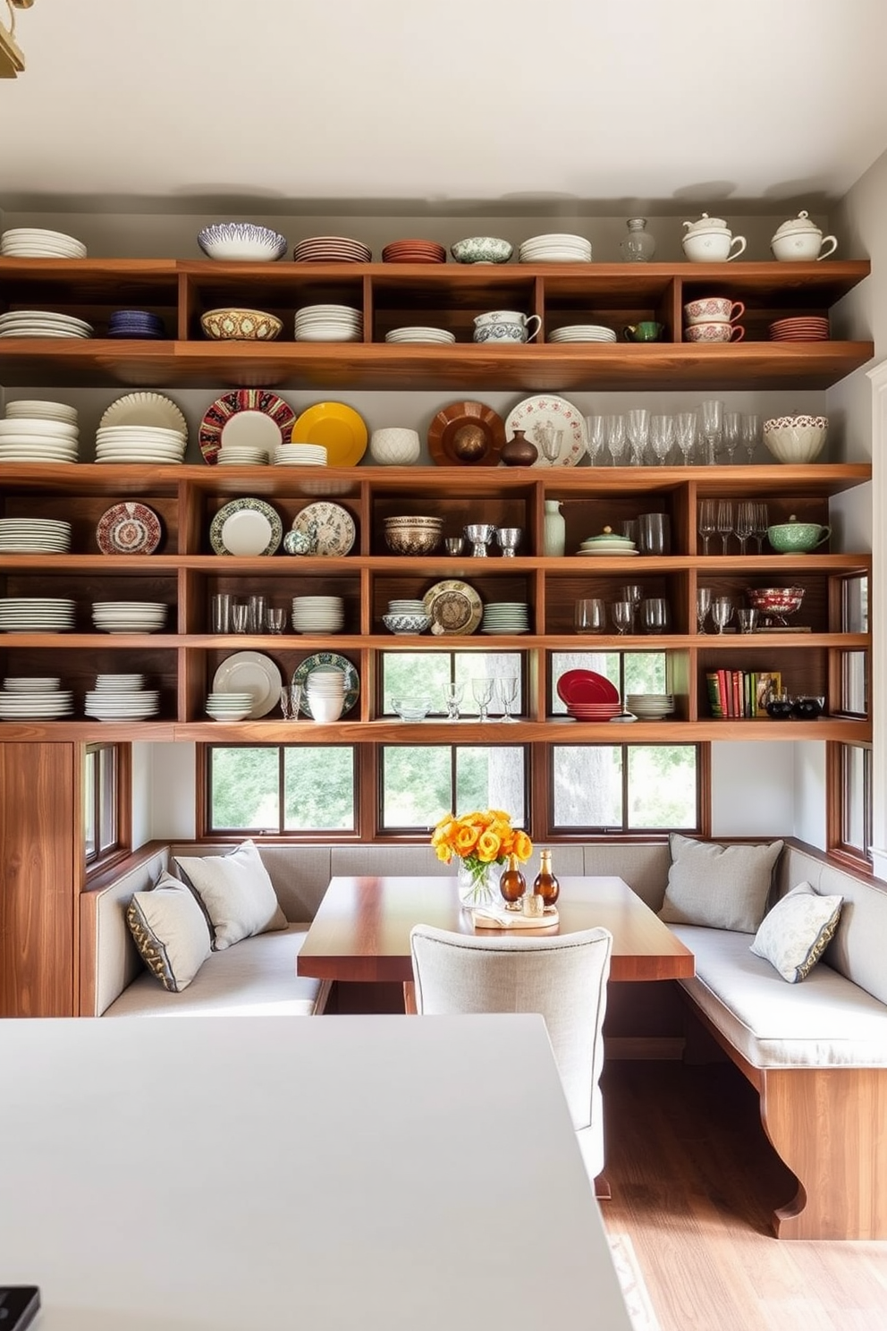 Open shelving creates an inviting atmosphere for displaying decorative dishware. The shelves are crafted from reclaimed wood, showcasing an array of colorful plates and vintage glassware. The breakfast nook features a cozy table surrounded by upholstered benches. Natural light floods the space through large windows, enhancing the warm tones of the decor.