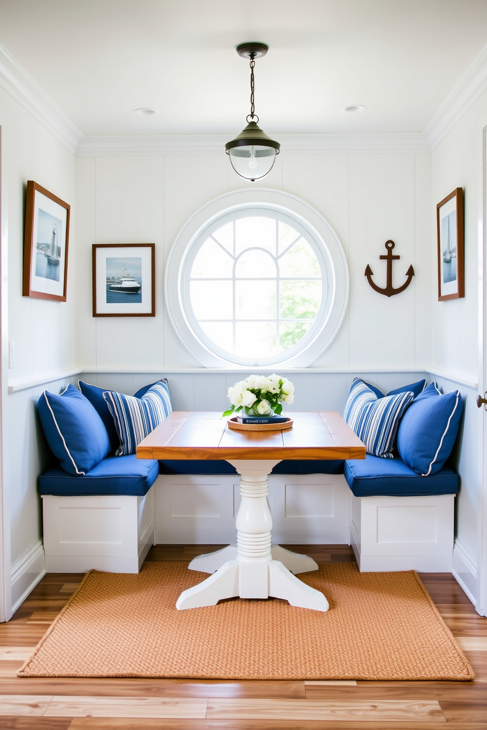 A cozy breakfast nook featuring a nautical theme with blue and white decor. The walls are painted in a soft white, adorned with framed maritime artwork and a large round window that lets in natural light. A built-in bench with plush blue cushions wraps around a rustic wooden table. Nautical-themed accessories such as a ship wheel and decorative anchors enhance the marine vibe, while a jute rug adds warmth to the space.