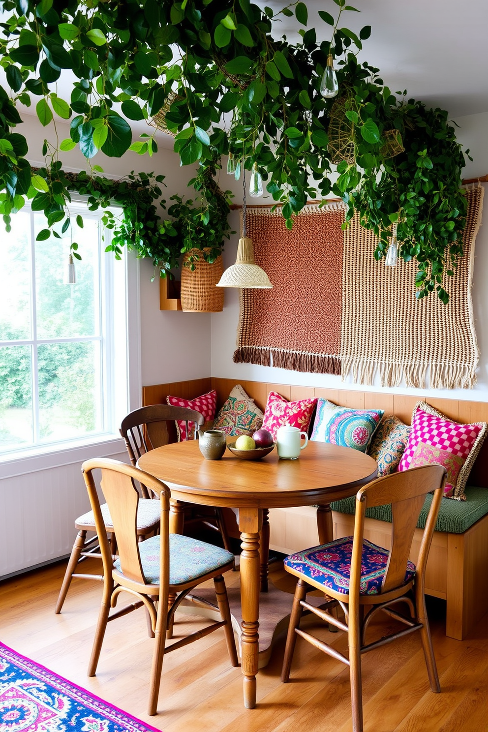 A cozy breakfast nook filled with bohemian charm. The space features a round wooden table surrounded by mismatched chairs upholstered in vibrant, eclectic fabrics. Colorful patterned cushions are scattered across a built-in bench against the wall. Lush greenery hangs from the ceiling, and a woven tapestry adorns the wall, adding warmth and texture to the inviting atmosphere.