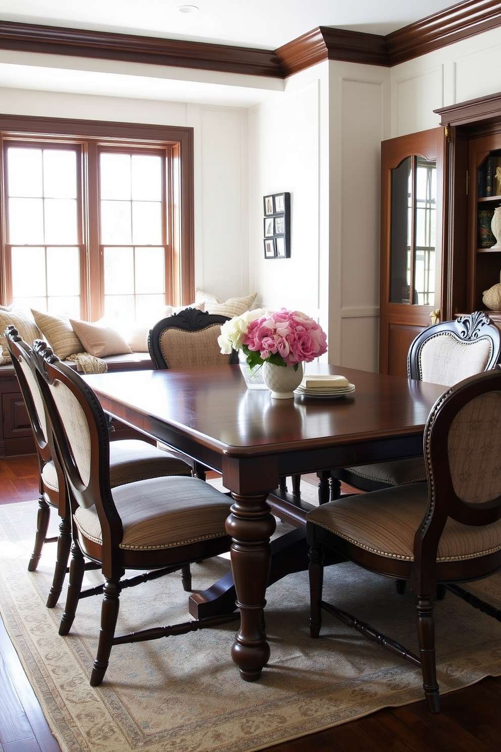 A traditional wooden table is surrounded by classic upholstered chairs, each featuring elegant detailing and rich fabrics. The breakfast nook is bathed in natural light, with a cozy window seat adorned with plush cushions and soft throw blankets.