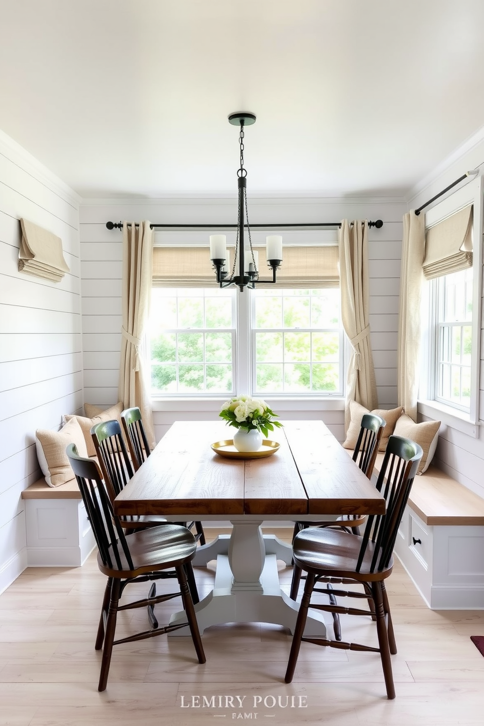 A cozy breakfast nook featuring shiplap walls painted in a soft white hue. A rustic wooden table surrounded by mismatched chairs invites family gatherings and casual meals. Natural light floods the space through large windows adorned with simple linen curtains. A built-in bench with plush cushions provides additional seating and comfort.