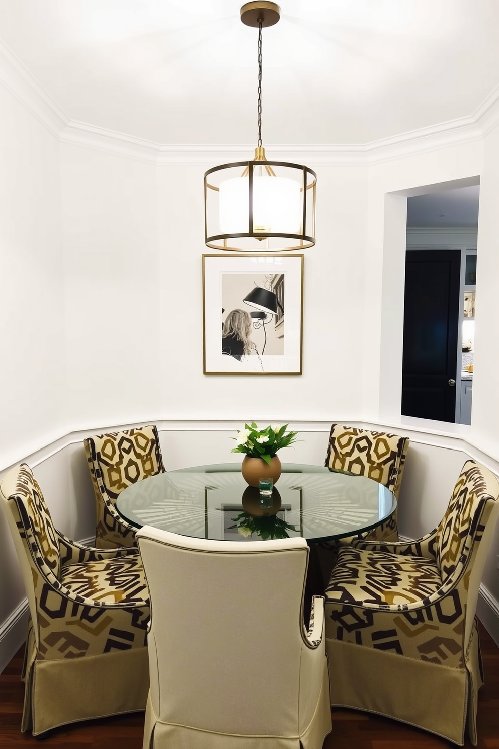 A contemporary breakfast nook featuring a round table with a glass top surrounded by upholstered chairs in a bold geometric pattern. The walls are painted in a soft white, while a statement pendant light with a modern design hangs above the table, creating a cozy and inviting atmosphere.