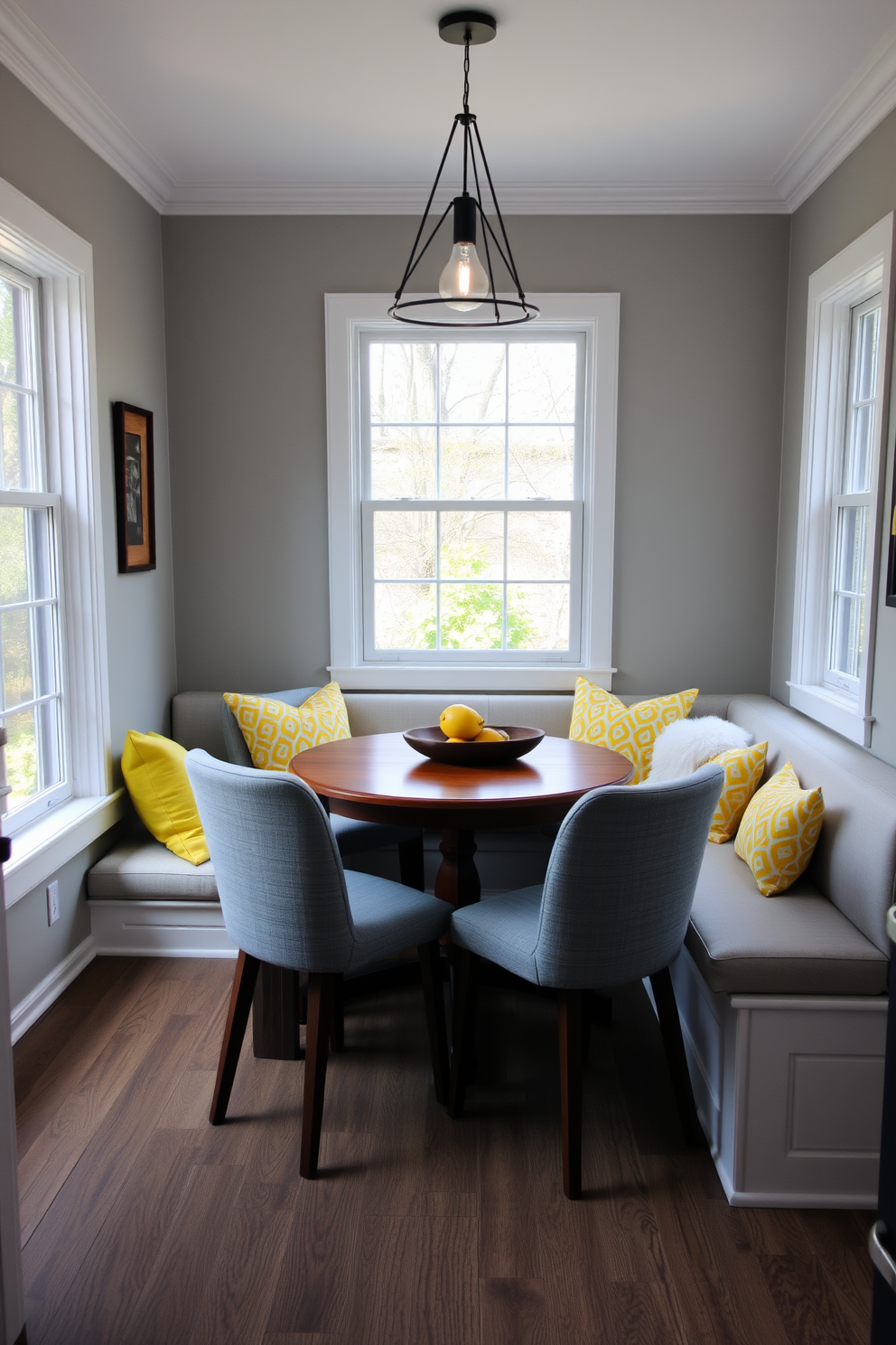 A charming breakfast nook featuring a round wooden table surrounded by a mix of modern upholstered chairs and vintage wooden benches. Sunlight streams in through a large bay window adorned with sheer white curtains, illuminating the space filled with potted herbs and a colorful fruit bowl.