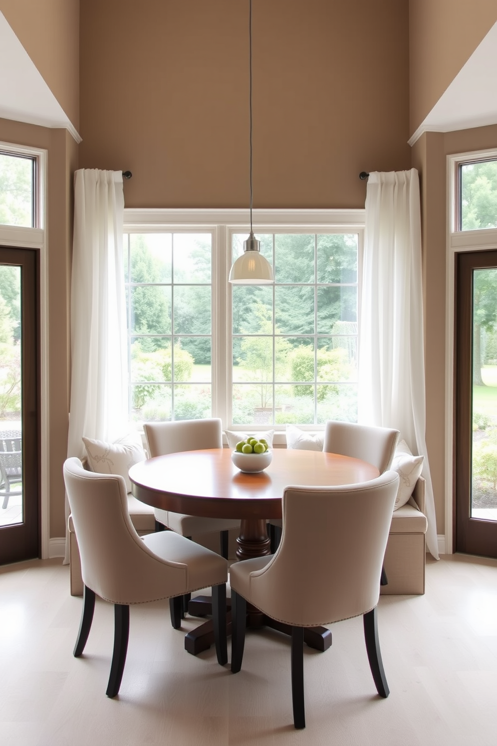 A cheerful breakfast nook filled with bright colors creates a playful atmosphere. The walls are painted in a vibrant yellow, and a round table is surrounded by mismatched chairs in shades of blue, green, and pink. A colorful pendant light hangs above the table, casting a warm glow on the space. Fresh fruit is displayed in a bowl at the center of the table, and a cozy bench with patterned cushions lines one wall.