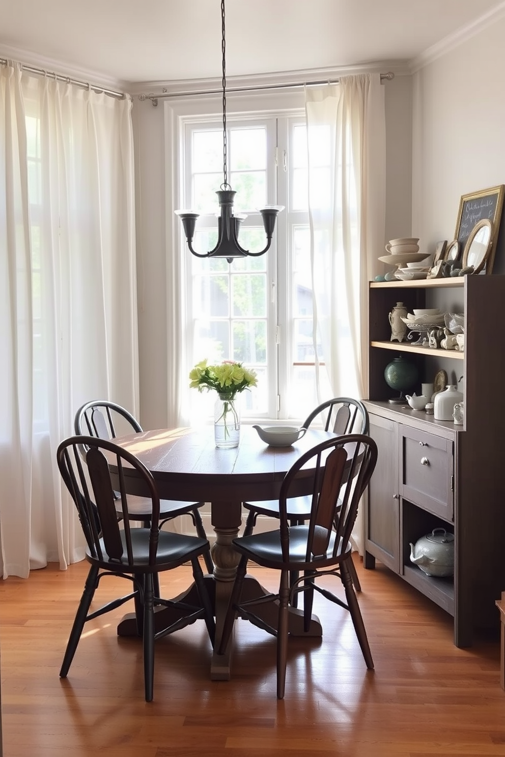 A cozy breakfast nook featuring rustic wood beams that add character and warmth to the space. The nook includes a round wooden table surrounded by cushioned benches, adorned with plaid throw pillows for a touch of comfort.