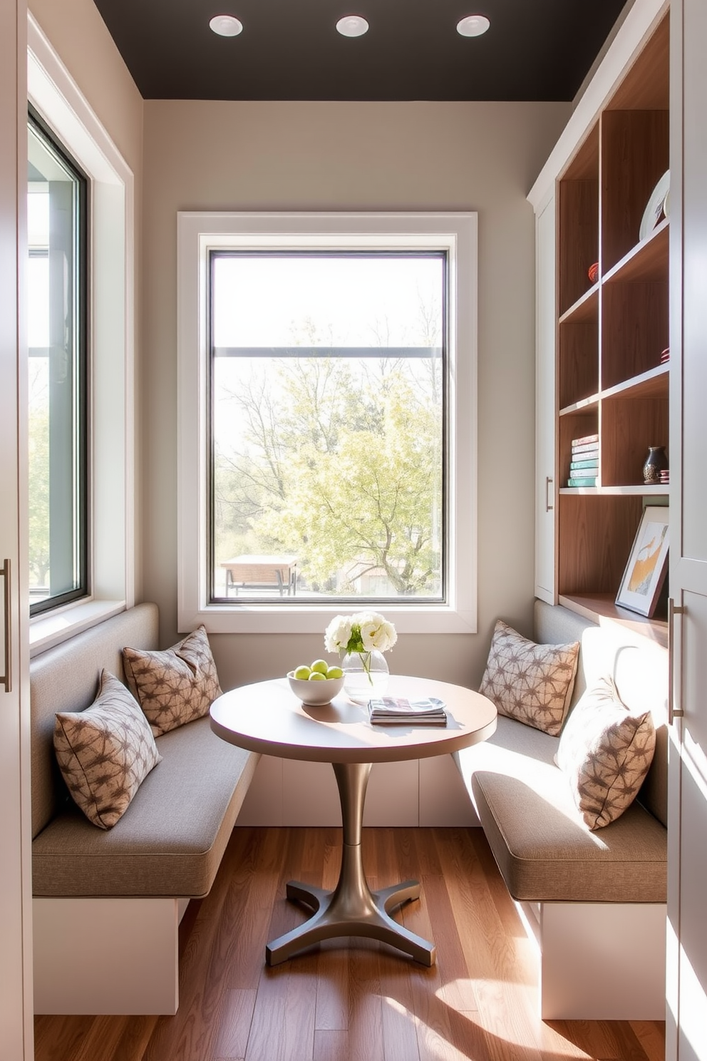 Custom built-ins with sleek cabinetry provide efficient storage solutions while maintaining a clean aesthetic. The design incorporates a combination of open shelving and closed cabinets, seamlessly blending functionality with style. A cozy breakfast nook features a round table surrounded by upholstered bench seating. Large windows allow natural light to flood the space, creating an inviting atmosphere perfect for morning meals.