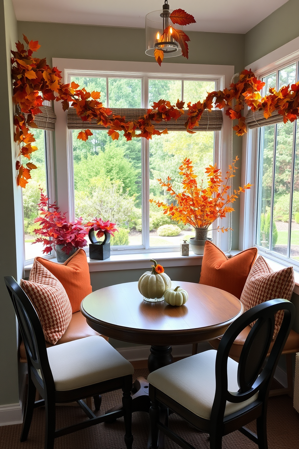 A cozy breakfast nook with large windows overlooking a lush garden filled with colorful flowers. The space features a round wooden table surrounded by plush upholstered chairs in soft pastel colors. Sunlight streams in, creating a warm and inviting atmosphere perfect for morning coffee. A built-in bench with decorative cushions lines one side of the nook, enhancing comfort and style.