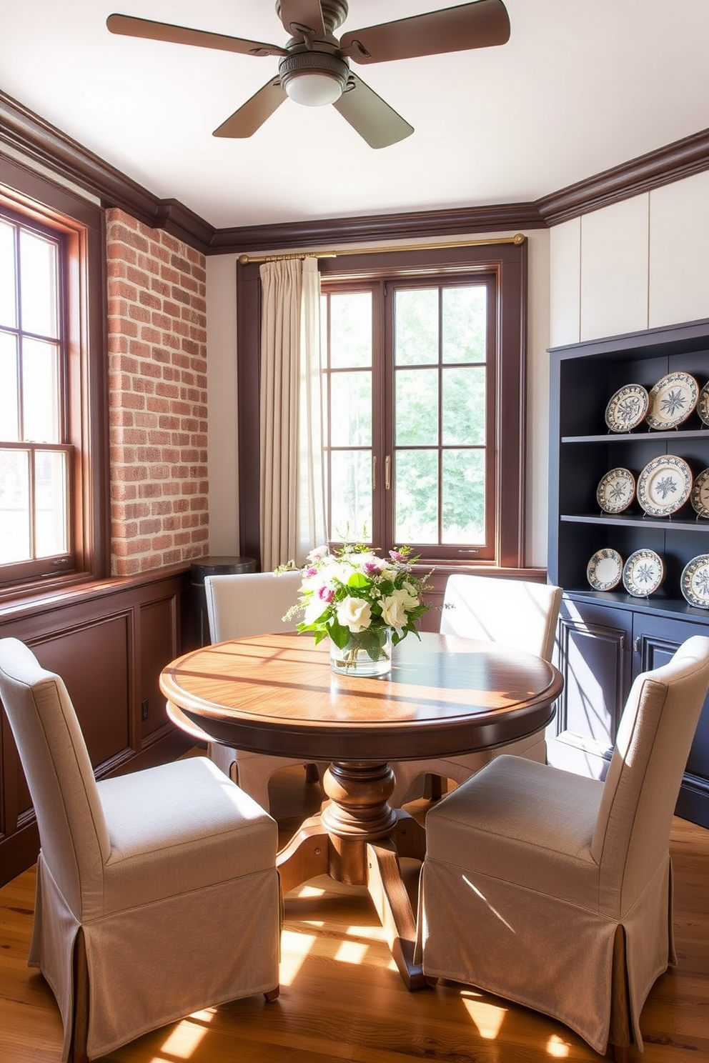 A cozy breakfast nook featuring a round wooden table surrounded by upholstered chairs in a soft fabric. The walls are adorned with a combination of exposed brick and painted wood paneling, creating a warm and inviting atmosphere. Natural light floods the space through large windows dressed with sheer curtains. A centerpiece of fresh flowers sits on the table, complemented by decorative plates displayed on a nearby shelf.