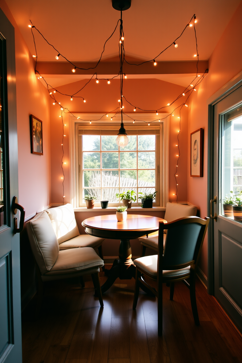 A contemporary breakfast nook featuring sleek lines and minimalistic furniture. The space includes a round table with a polished wood finish surrounded by upholstered chairs in a neutral color palette. Large windows allow natural light to flood the area, enhancing the airy feel. A built-in bench with plush cushions lines one wall, adorned with decorative pillows for added comfort.