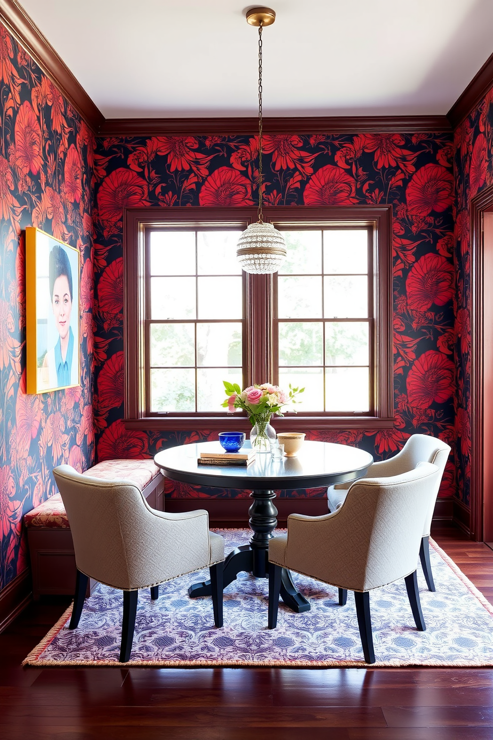 A vibrant breakfast nook featuring bold wallpaper that creates a striking statement wall. The nook includes a cozy round table surrounded by upholstered chairs, with natural light streaming in through large windows.