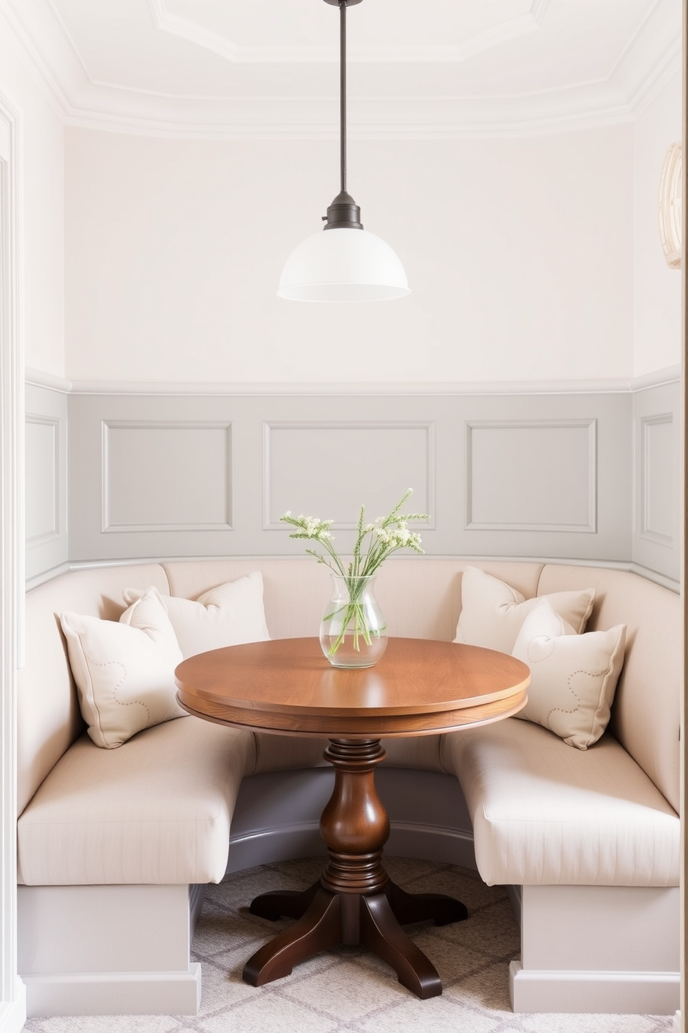 A cozy breakfast nook features a round wooden table surrounded by upholstered chairs in soft pastel colors. Above the table, stylish lighting fixtures with a vintage twist hang from the ceiling, casting a warm glow over the space. The walls are adorned with charming wallpaper that complements the overall color scheme. Large windows allow natural light to flood in, creating an inviting atmosphere perfect for morning coffee.