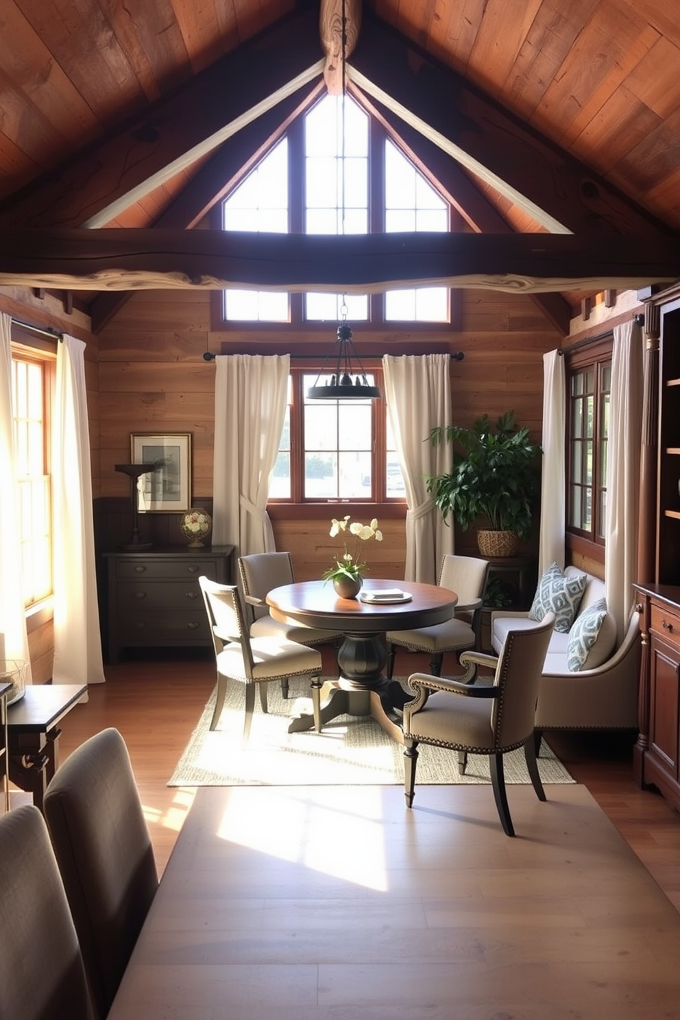 A cozy breakfast nook featuring rustic wood beams that create a warm and inviting atmosphere. The space includes a round wooden table surrounded by upholstered chairs, with natural light streaming in through large windows adorned with soft linen curtains.