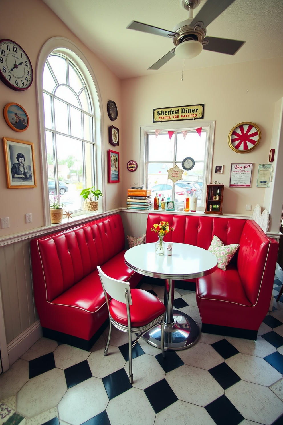 A cozy breakfast nook featuring vintage style decor. Retro diner seating in vibrant red leather surrounds a circular white table, creating a nostalgic atmosphere. The walls are adorned with classic diner memorabilia and pastel-colored accents. Large windows allow natural light to flood the space, enhancing the cheerful ambiance.